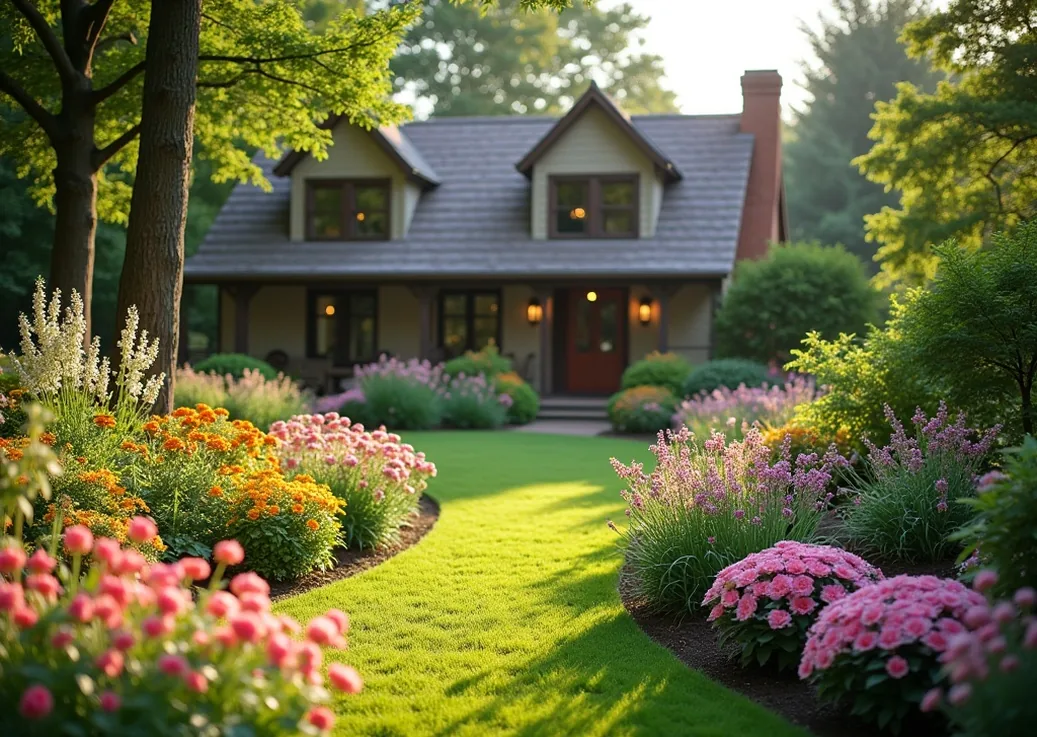 Beautiful home garden with blooming flowers