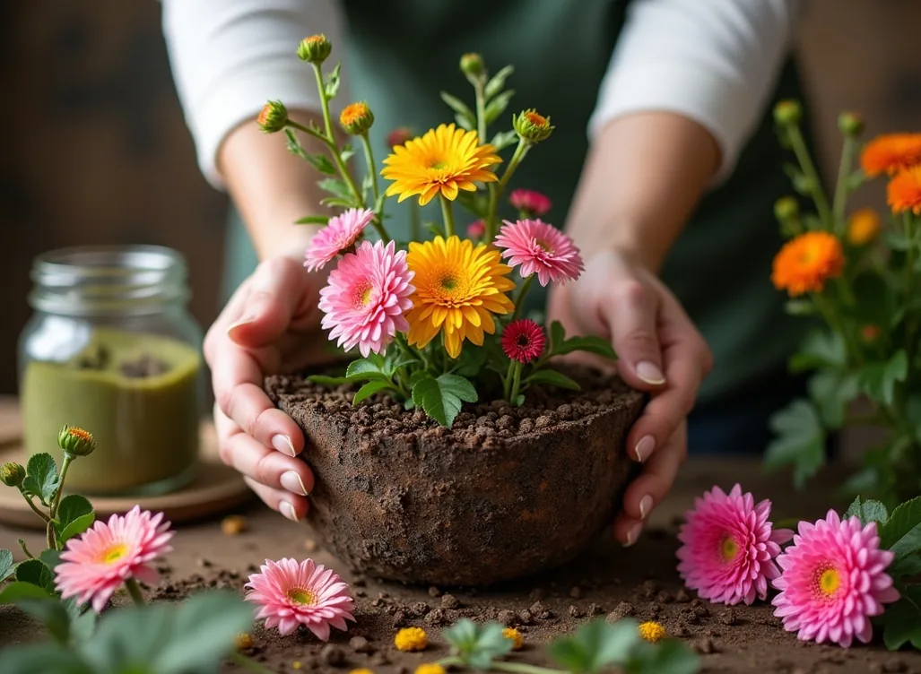 Flower arrangement workshop with hands planting