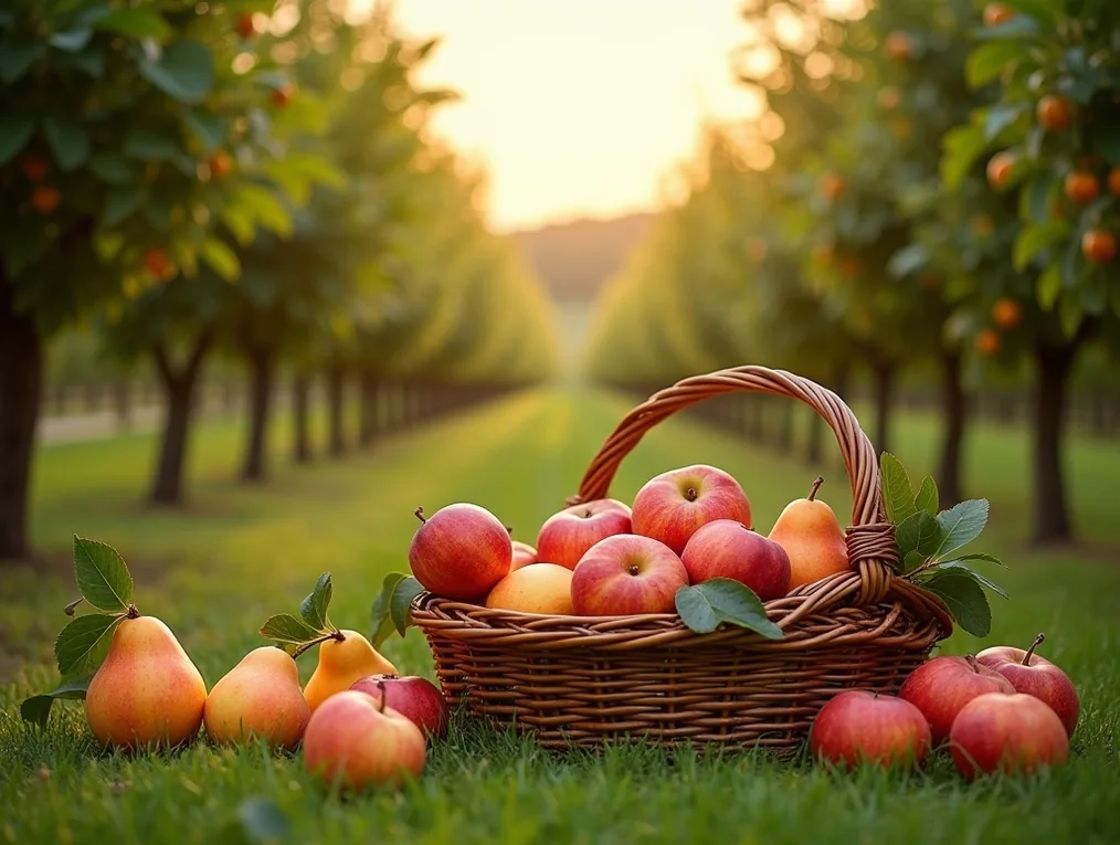 Fruit trees orchard during harvest