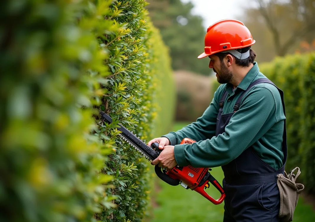 Hedge trimming by gardener