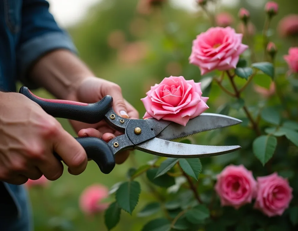 Pruning shears cutting rose bush